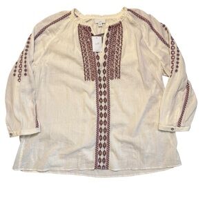 NEW J.Jill Cream Cotton Gauze Embroidery Boho Tunic Top Relaxed Fit Size XL